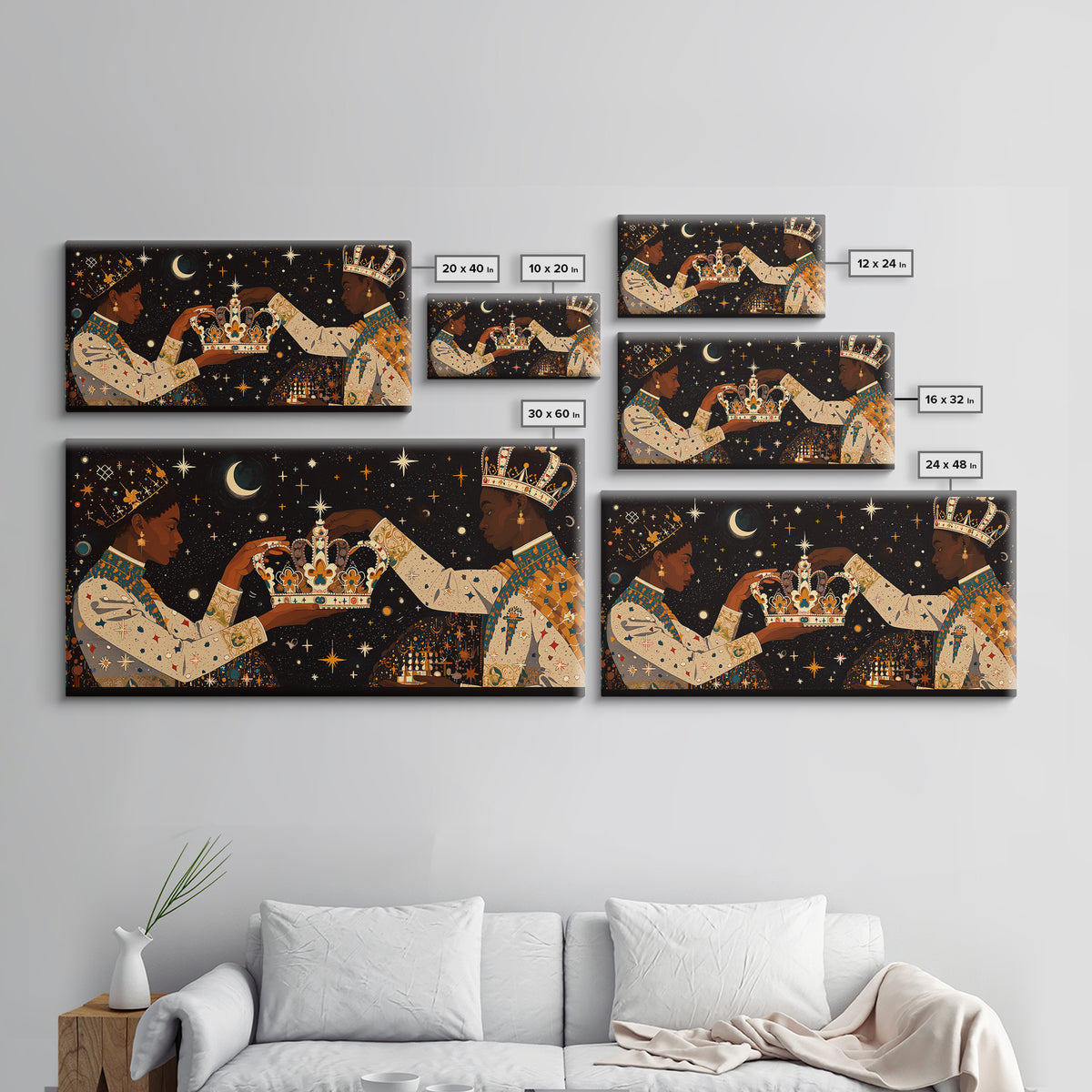 Celestial Black King And Queen Crowning Framed Canvas Print, African American Art, Royal Afrocentric Cultural Wall Decor