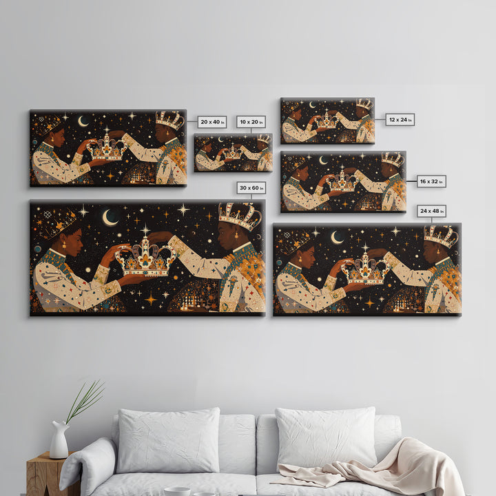Celestial Black King And Queen Crowning Framed Canvas Print, African American Art, Royal Afrocentric Cultural Wall Decor