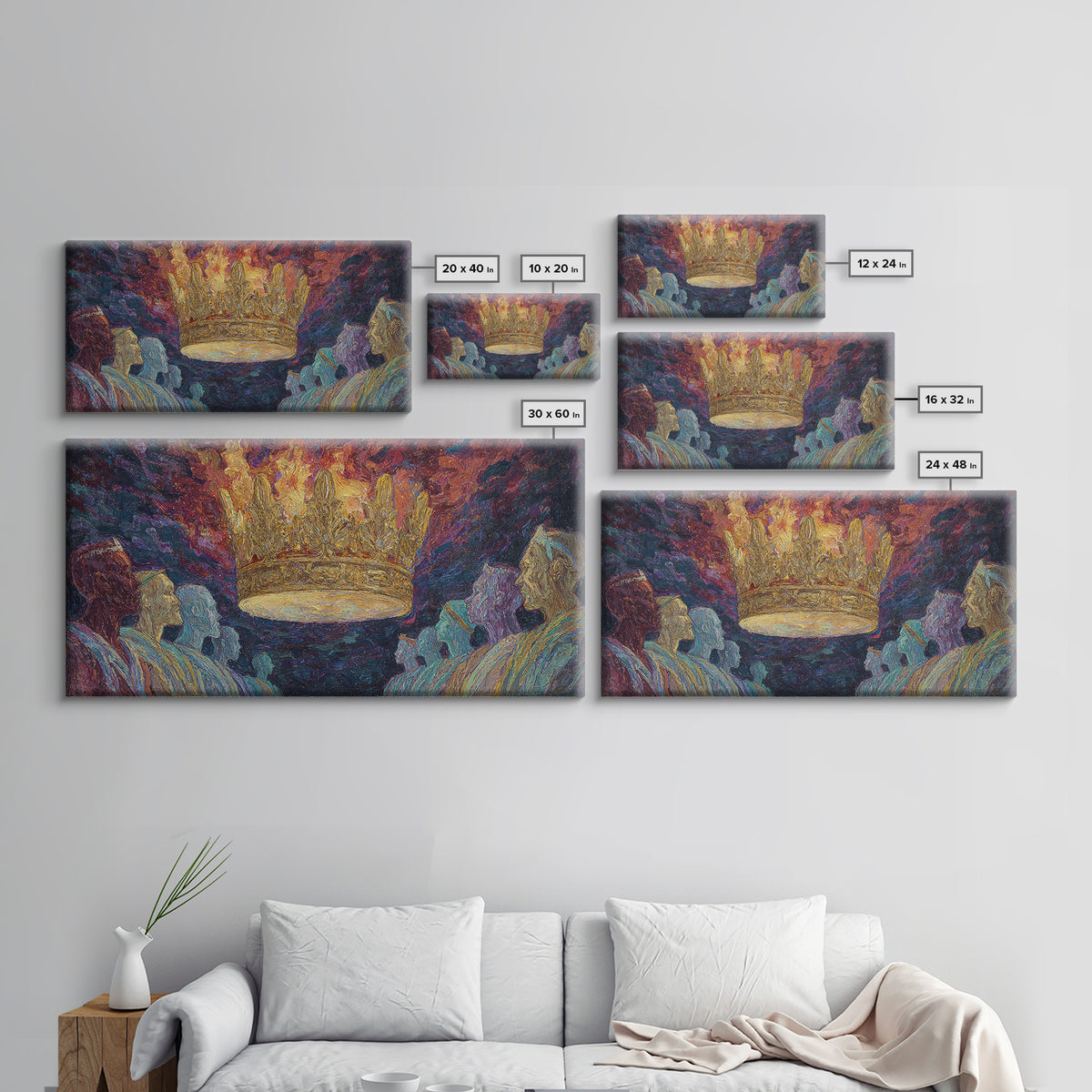 Fiery Floating Crown And Robed Figures Wall Art, African Royalty Painting, Black History Decor, Textured Canvas Print Gift