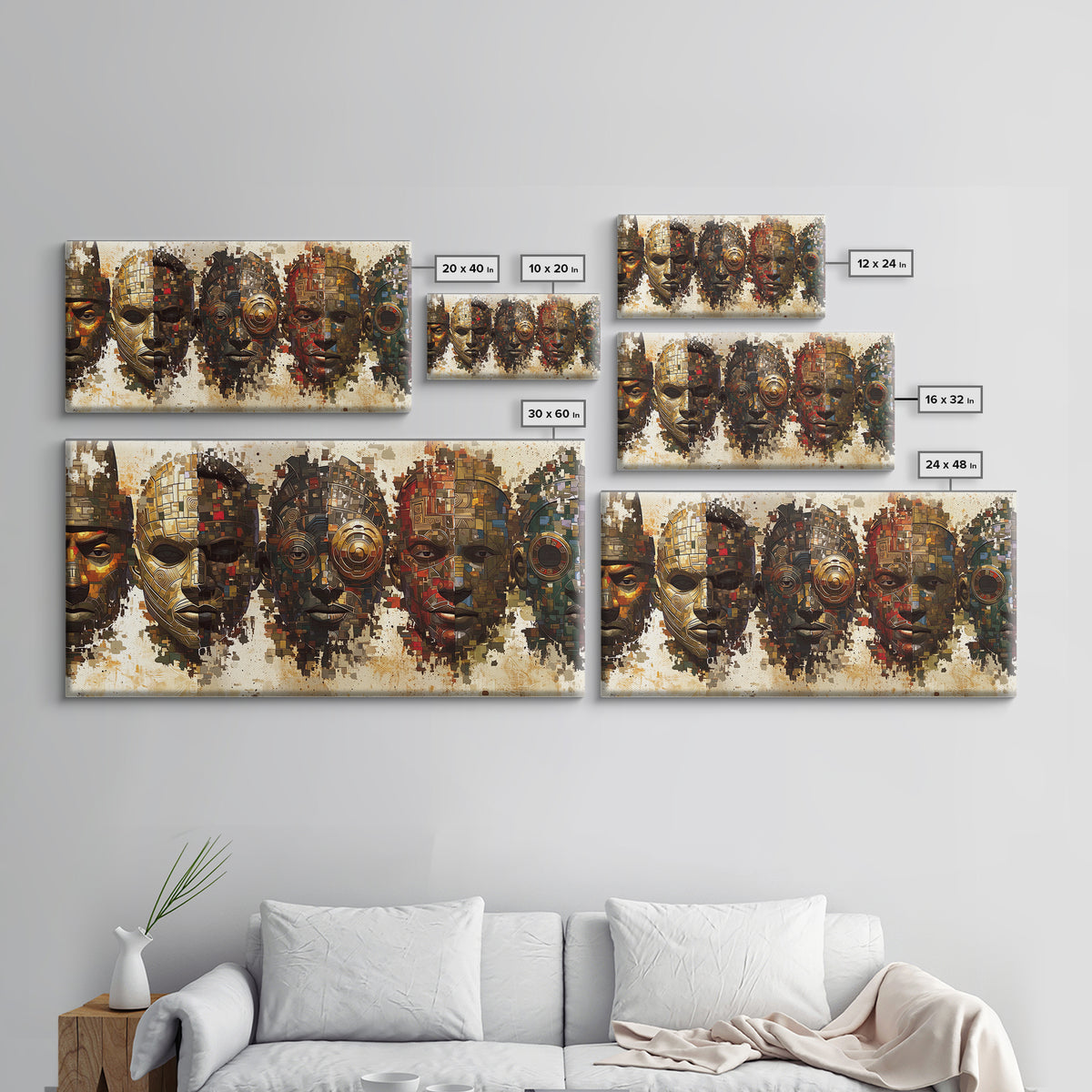 Mosaic African Masks With Metallic Texture Framed Canvas Print, Tribal Wall Decor, Cultural Afrocentric Statement Art Gift