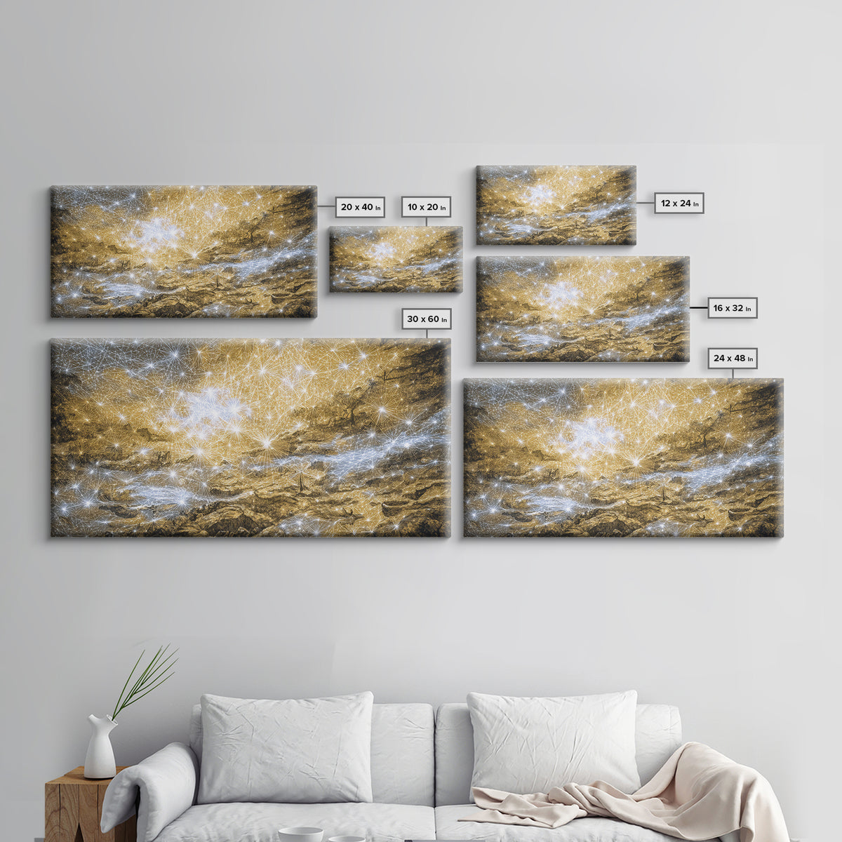 Golden Cosmic River Abstract Wall Art, Textured Modern Canvas Decor, Luxury Blue Gold Landscape For Living Room Statement Piece