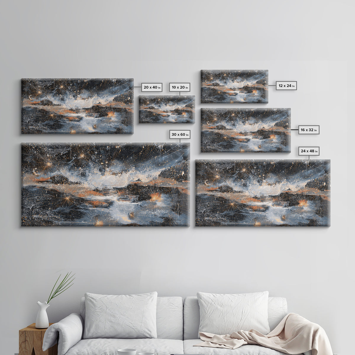 Starry Silver Mountain Sky Abstract Canvas Print, Dreamy Wall Art Decor, Modern Nature Landscape For Bedroom Office Gift