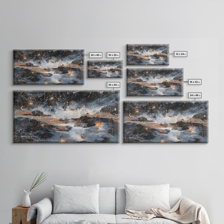 Starry Silver Mountain Sky Abstract Canvas Print, Dreamy Wall Art Decor, Modern Nature Landscape For Bedroom Office Gift