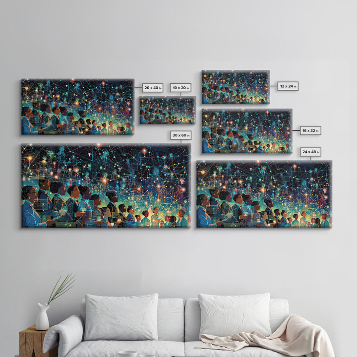 Diverse Professionals Under Neon Network Wall Art, Futuristic Digital City Print, Modern Office Decor For Tech Lovers Gift