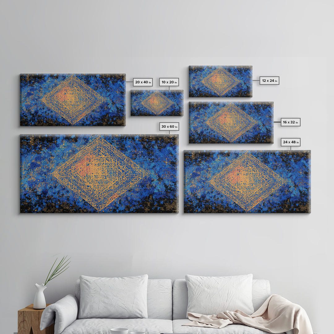 Blue And Gold Sacred Geometry Canvas Print, Abstract Islamic Pattern Wall Decor, Boho Geometric Home Decor Housewarming Gift