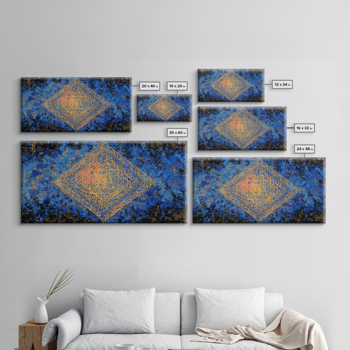 Blue And Gold Sacred Geometry Canvas Print, Abstract Islamic Pattern Wall Decor, Boho Geometric Home Decor Housewarming Gift