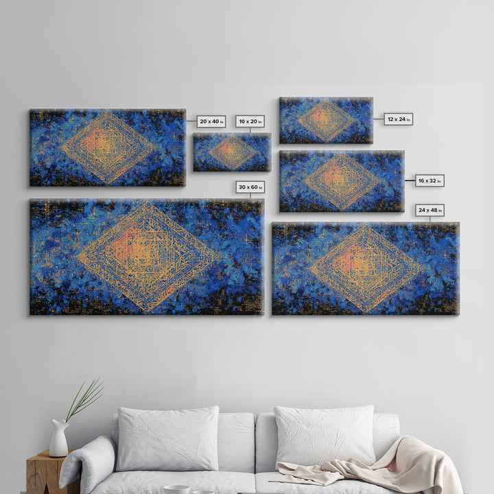 Blue And Gold Sacred Geometry Canvas Print, Abstract Islamic Pattern Wall Decor, Boho Geometric Home Decor Housewarming Gift
