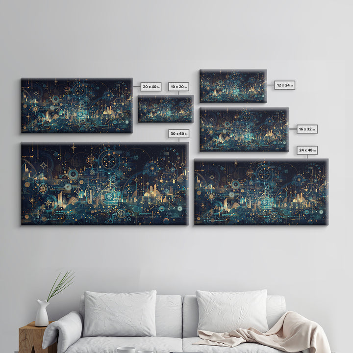 Teal Celestial Blueprint Wall Art, Abstract Science Diagram Canvas Decor, Modern Geometric Office Decor Unique Gift For Him