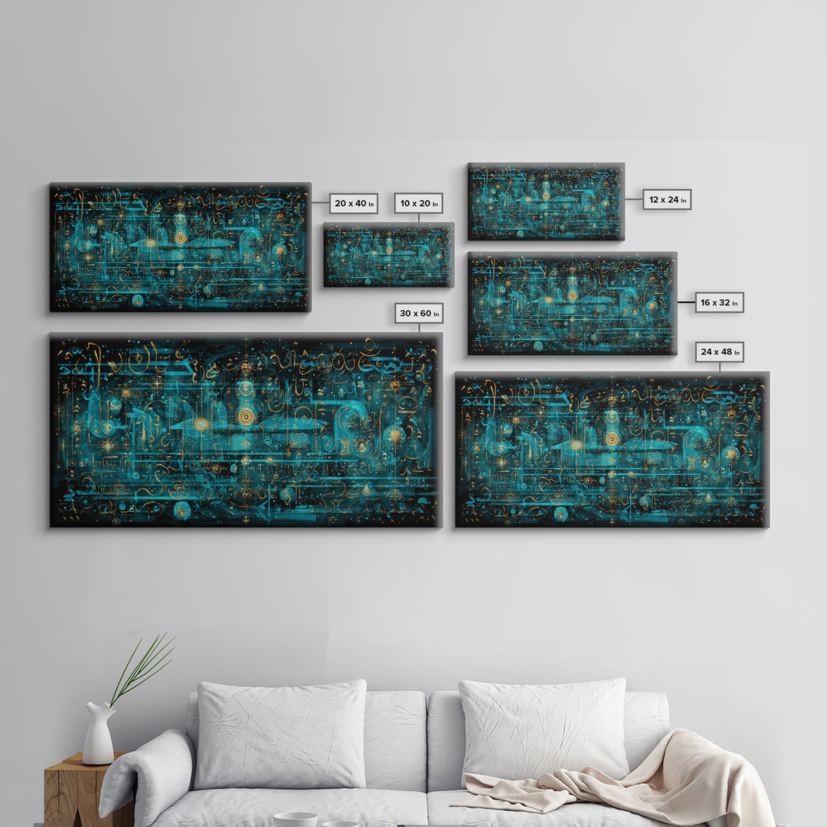 Turquoise Arabic Calligraphy Canvas Print, Abstract Islamic Script Wall Decor, Gold Teal Modern Home Decor Statement Piece