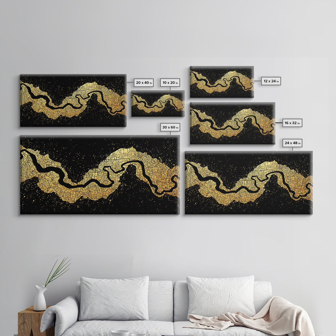Black And Gold River Map Wall Art, Abstract Earth Tone Landscape Canvas Decor, Modern Minimalist Statement Piece For Home Decor