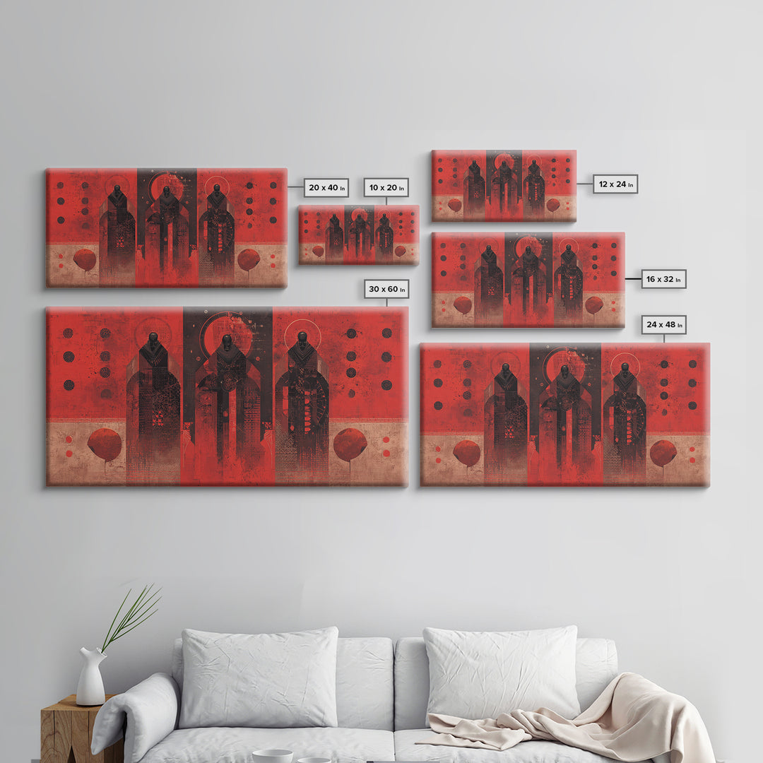 Three Ancestral Figures In Red Wall Art, Abstract African Tribal Art, Spiritual Black Culture Canvas Print, Bold Decor Gift