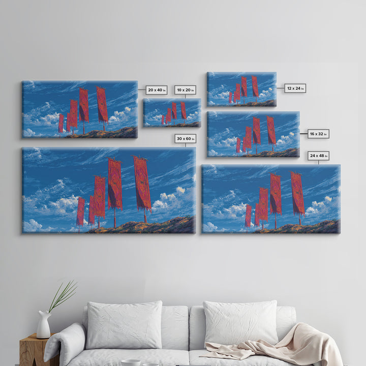 Red African Textile Banners On Blue Sky Wall Art, Cultural Landscape, Vibrant Ankara Decor, Framed Canvas Print Gift For Home