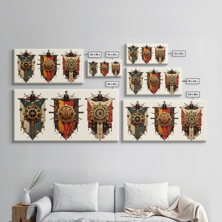 Three Ornate African Shield Banners Wall Art, Tribal Mask Canvas Print, Geometric Cultural Decor, Statement Wall Piece Gift