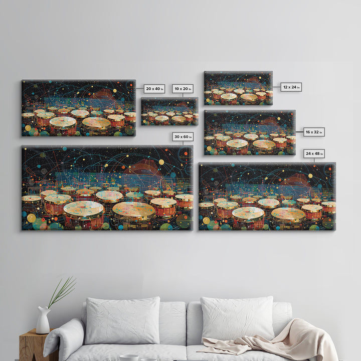 Futuristic Afro Drums Under Cosmic Orbits Canvas Print, Modern African Art, Music Room Decor, Afrofuturism Decor, Bold Art