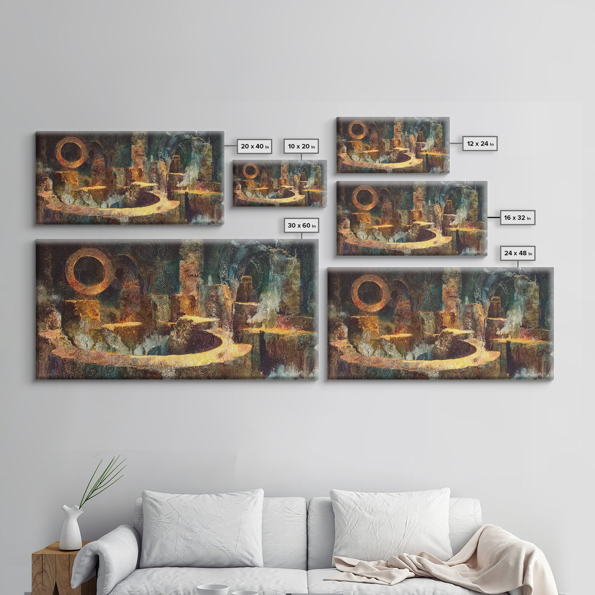 Mystic Ancient City With Golden Path Framed Canvas Print, African Abstract Art, Spiritual Wall Decor, Luxury Canvas Art Print