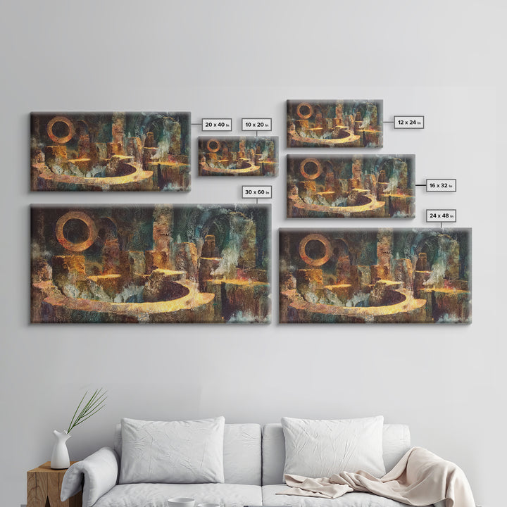 Mystic Ancient City With Golden Path Framed Canvas Print, African Abstract Art, Spiritual Wall Decor, Luxury Canvas Art Print
