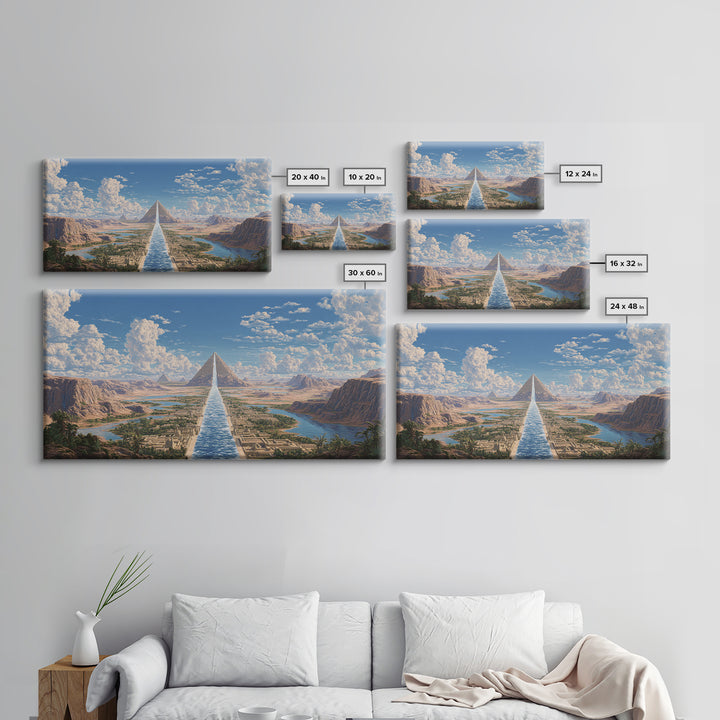 Sunlit Pyramids And River Oasis Canvas Print, African Egyptian Art, Landscape Wall Art, Travel Poster, Elegant Home Decor