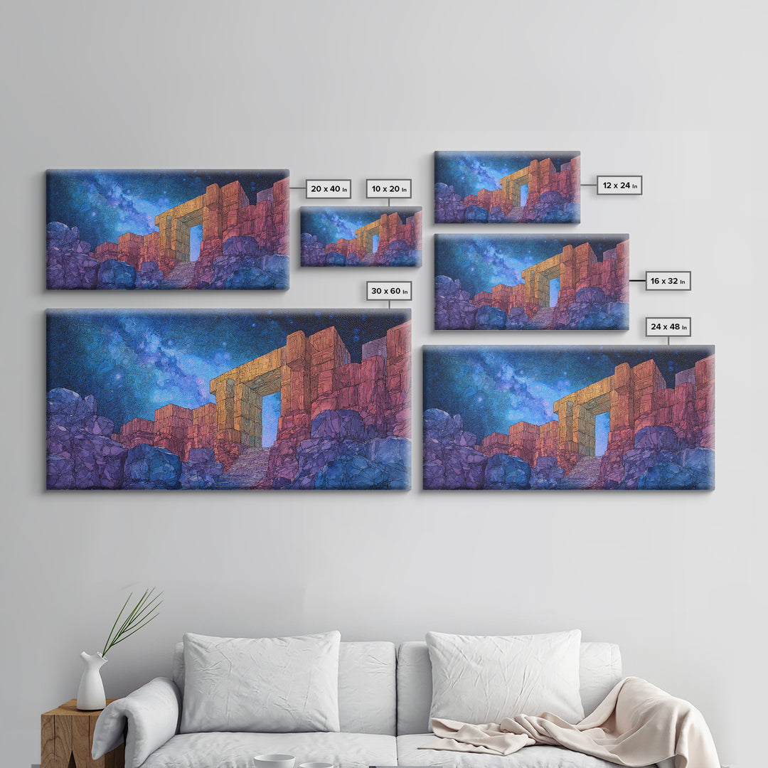Ancient Desert Ruins Under Starry Blue Sky Wall Art, Mystical Temple Landscape, Boho Home Decor, Fantasy Travel Poster Print