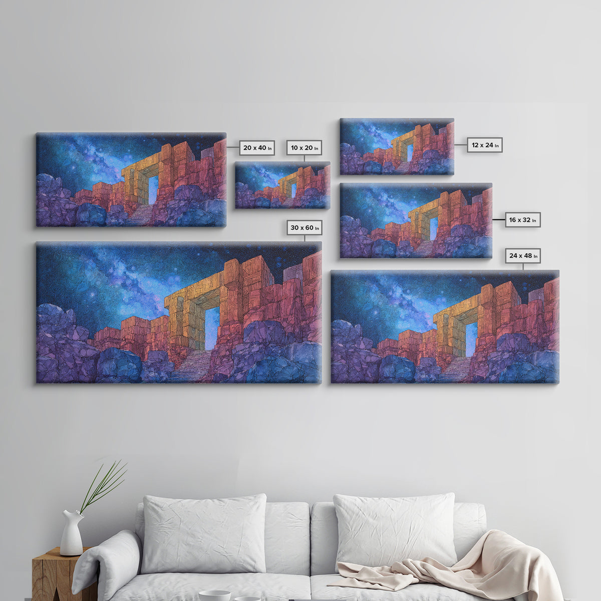 Ancient Desert Ruins Under Starry Blue Sky Wall Art, Mystical Temple Landscape, Boho Home Decor, Fantasy Travel Poster Print