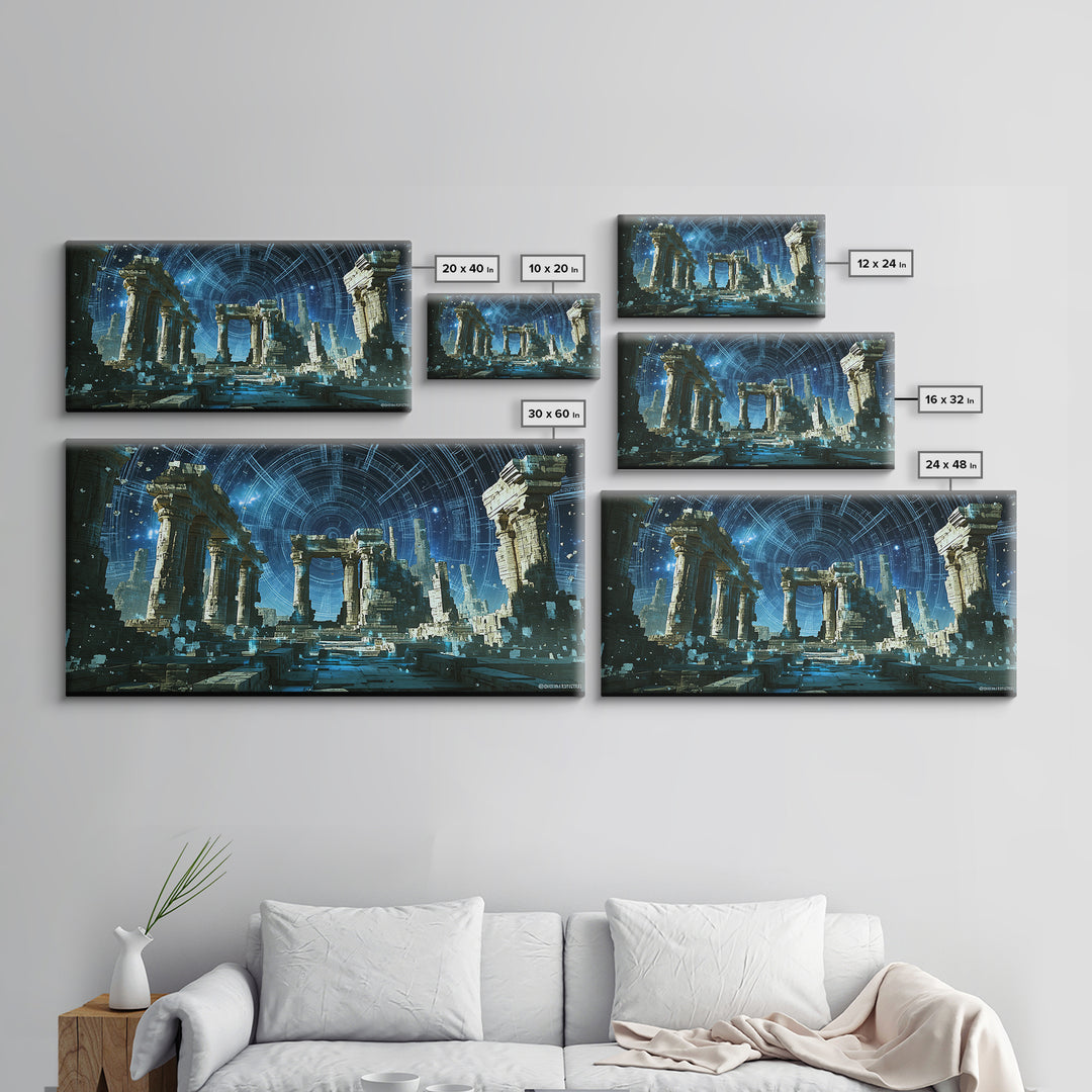 Glowing Futuristic Temple Columns In Blue Starlight Canvas Print, Sci Fi Ruins Wall Art, Modern Fantasy Home Decor, Celestial Poster