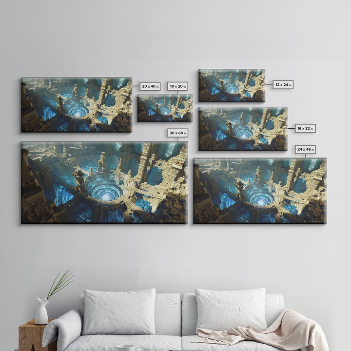 Vast Circular Ancient City With Blue Abyss Framed Canvas Print, Futuristic Ruins Wall Art, Luxury Fantasy Home Decor, Sci Fi Architecture