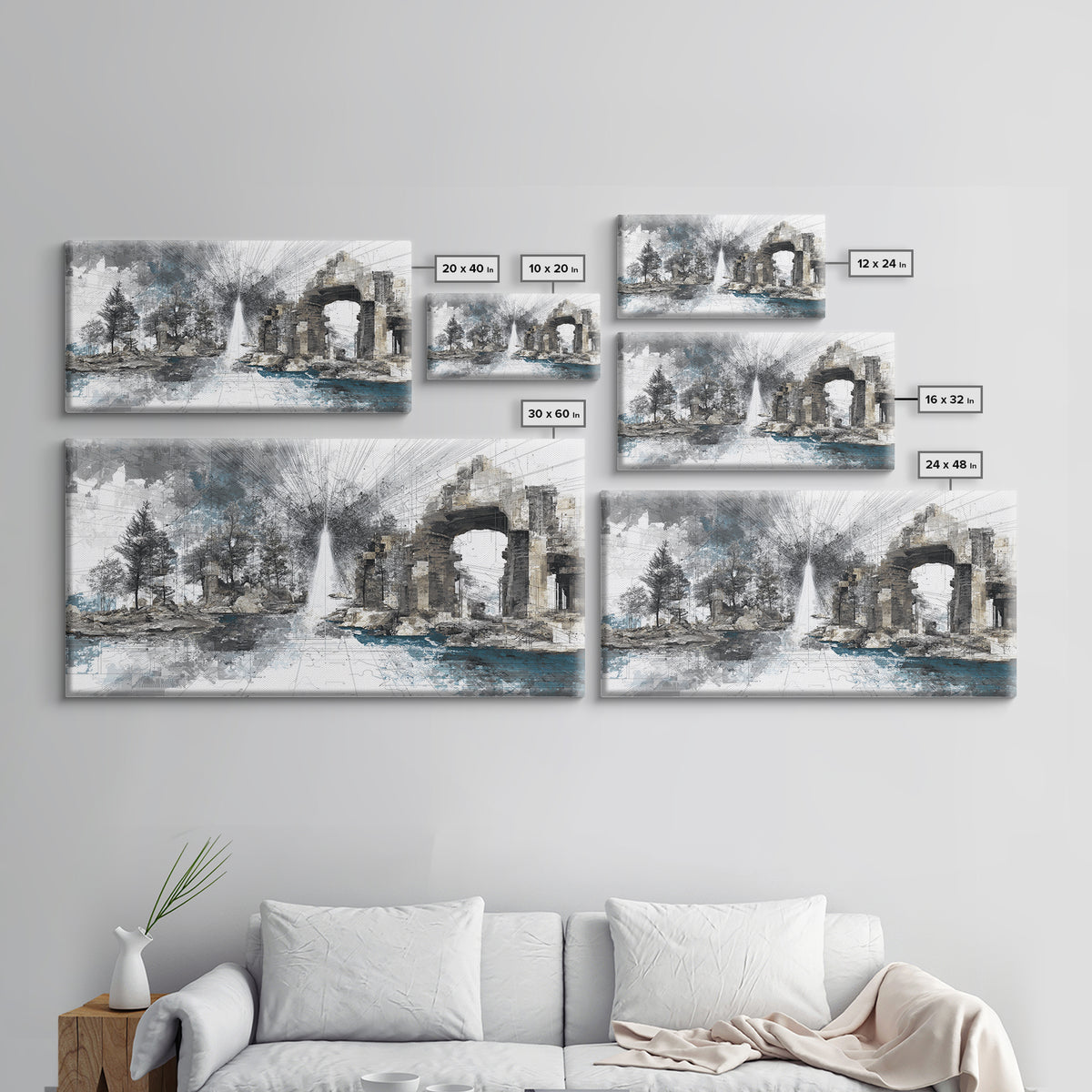White Fountain Light Beside Ruined Stone Arch Wall Art, Minimalist Landscape, Black And White Office Decor Canvas Print Poster