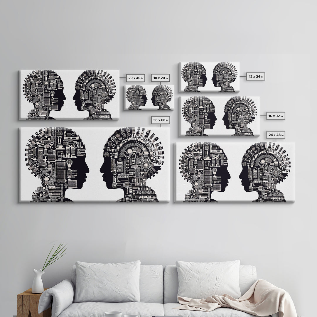 Black And White Profile Faces With Mechanical City Patterns Wall Art, Geometric Portrait Canvas Print, Modern Office Decor