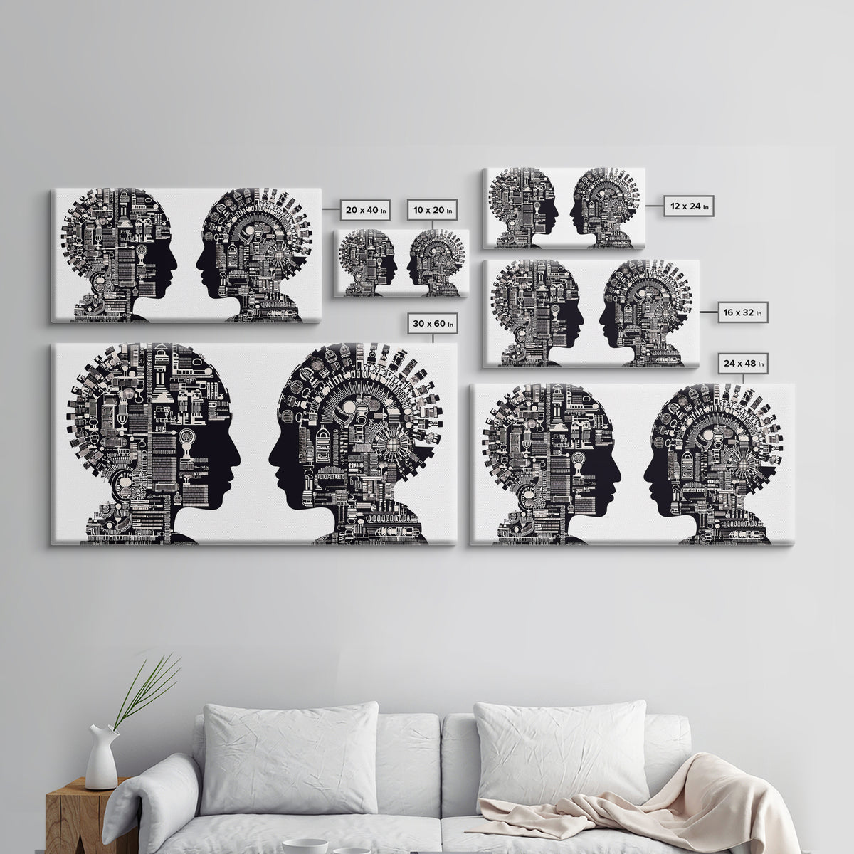 Black And White Profile Faces With Mechanical City Patterns Wall Art, Geometric Portrait Canvas Print, Modern Office Decor