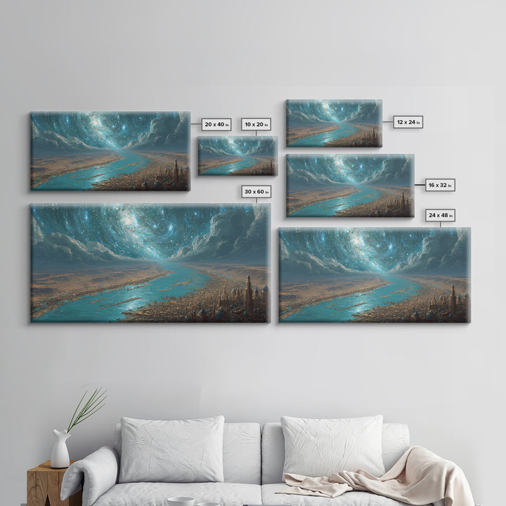 Cosmic Nile River City Under Swirling Galaxy Wall Art, Egyptian Inspired Landscape Canvas Print, Luxury Home Decor Poster