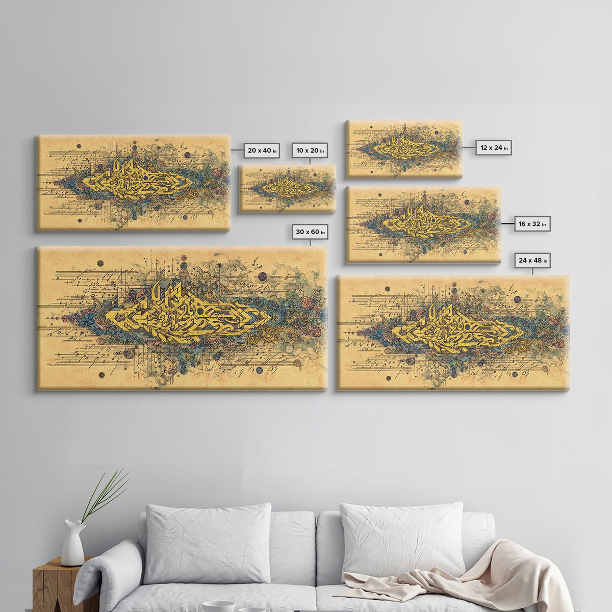 Golden Arabic Calligraphy On Parchment Wall Art, Abstract Gold Line Artwork, Islamic Inspired Home Decor, Luxury Canvas Gift