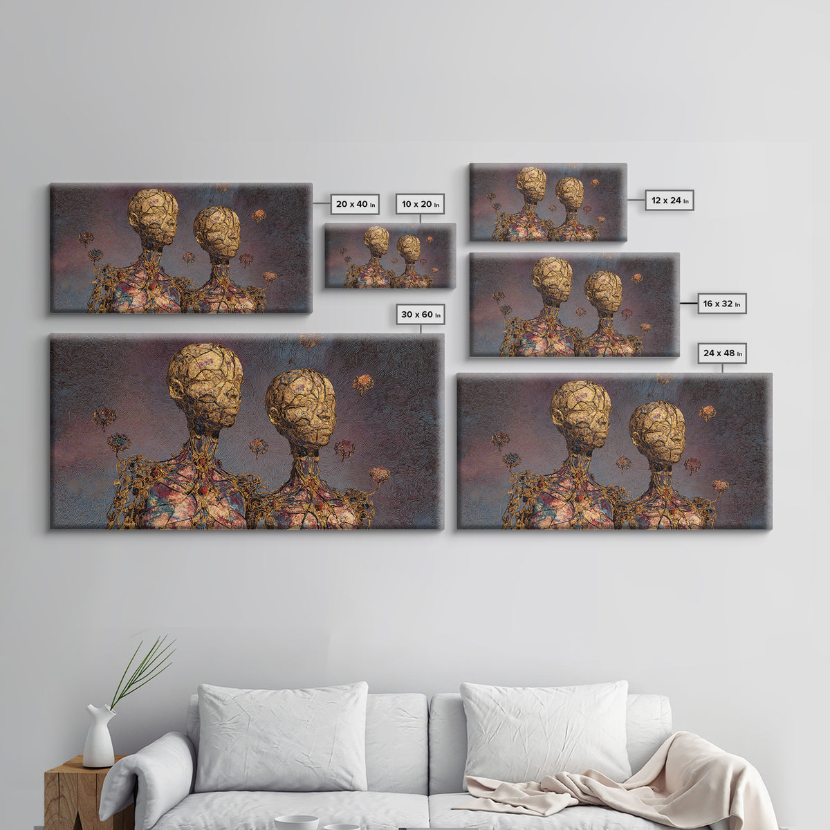 Golden Twin Figures With Floral Orbs Framed Canvas Print, Afrofuturism Decor, Abstract Portrait Wall Art, Luxury Home Decor