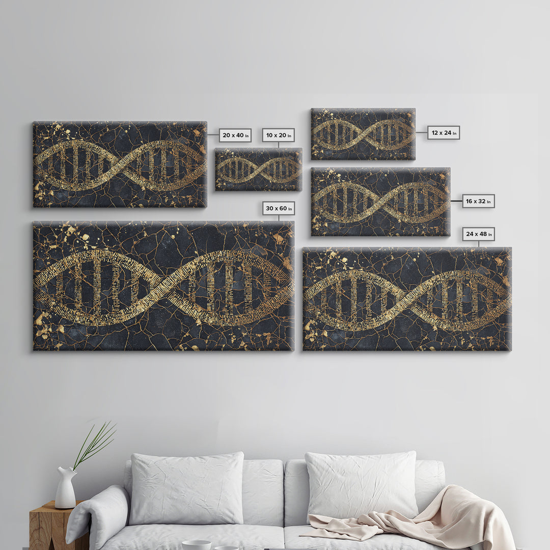Ancient Gold DNA Strand Canvas Print, Black Marble Science Wall Art, Abstract Biology Decor, Luxury Modern Office Artwork