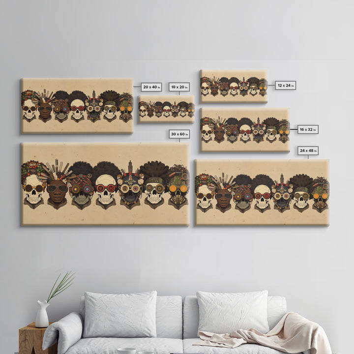 African Skull Lineup With Tribal Headdresses Wall Art, Afrocentric Decor, Cultural Artwork, Bold Canvas Print For Eclectic Home Decor