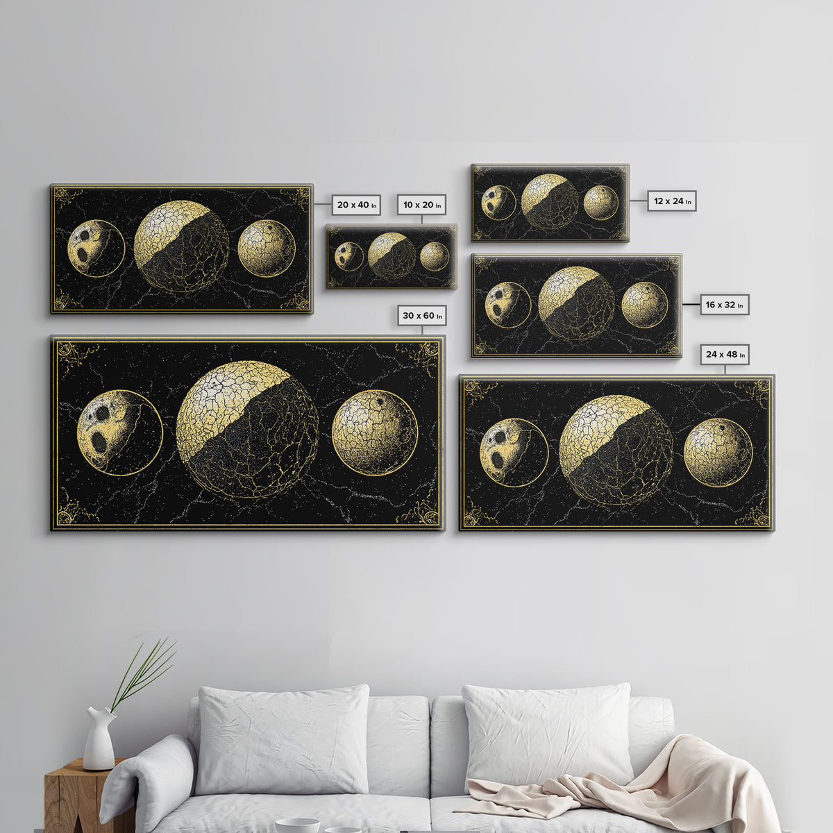 Gold Moon Phase Triptych Wall Art, Black Celestial Canvas Print, Lunar Astronomy Decor, Mystical Black And Gold Home Decor Gift