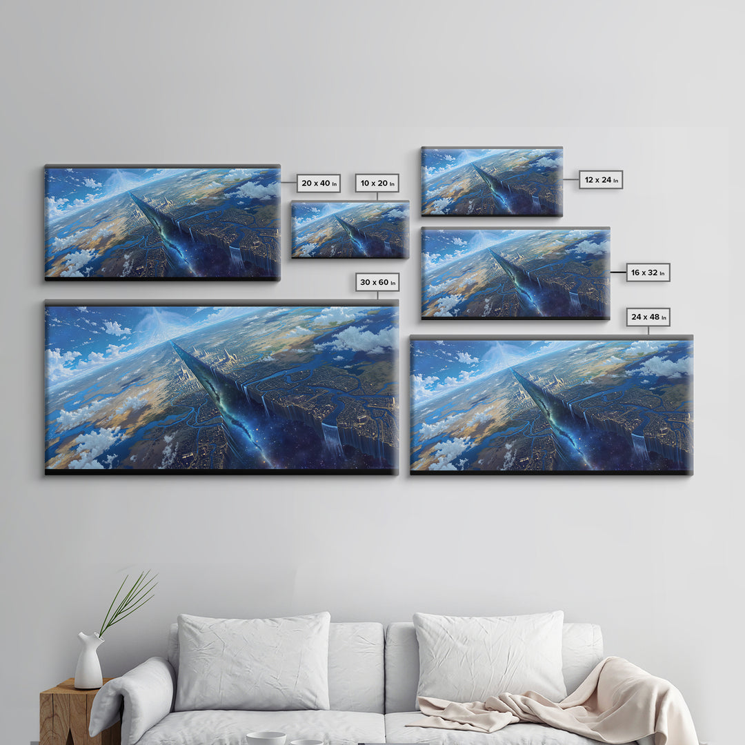 Futuristic Sky Spire Over Earth City Wall Art, Blue Sci Fi Landscape, Modern Canvas Art, Office Decor, Statement Wall Decor