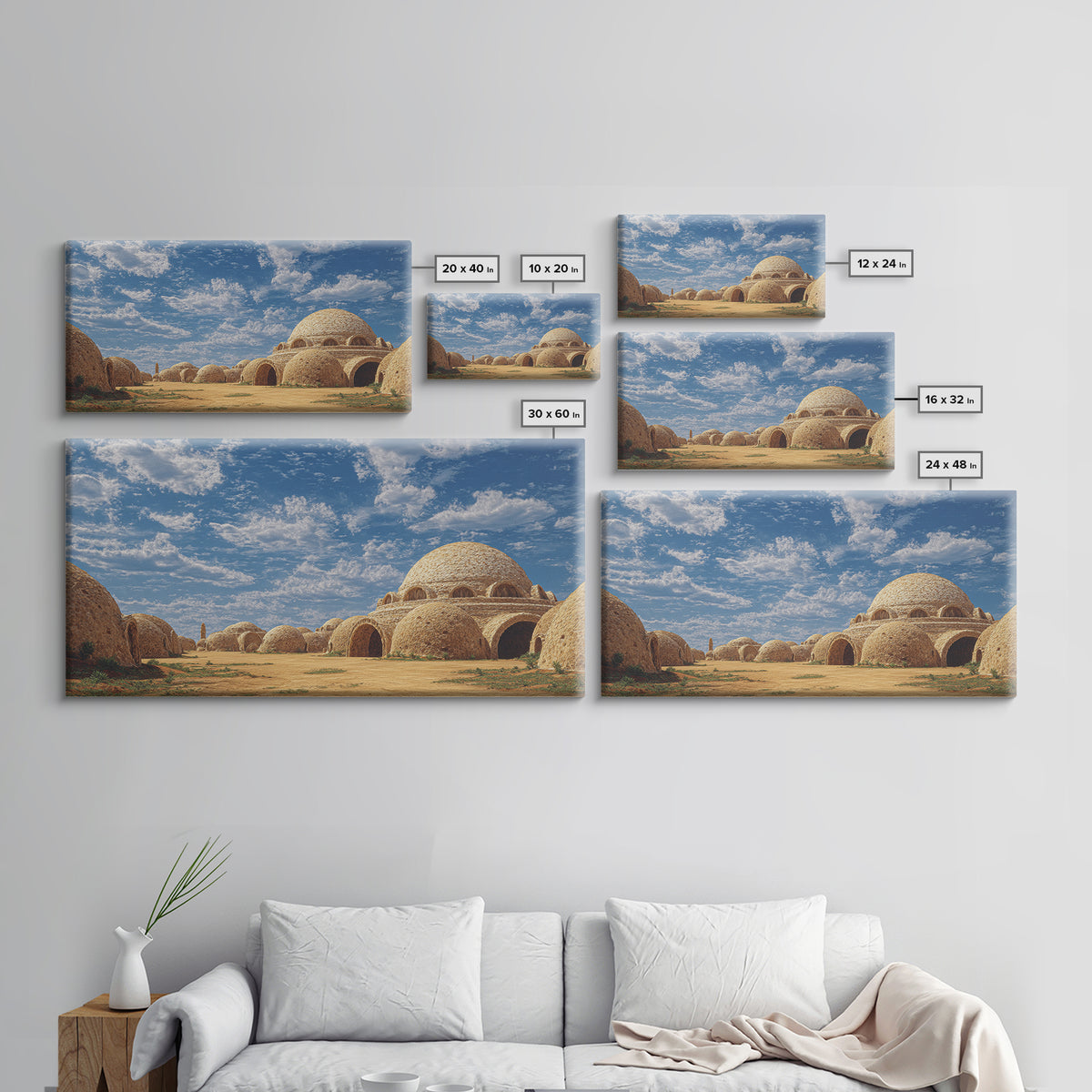 Sunlit Desert Dome Village Canvas Print, Earth Tone Wall Art, African Inspired Architecture, Boho Home Decor, Unique Wall Decor