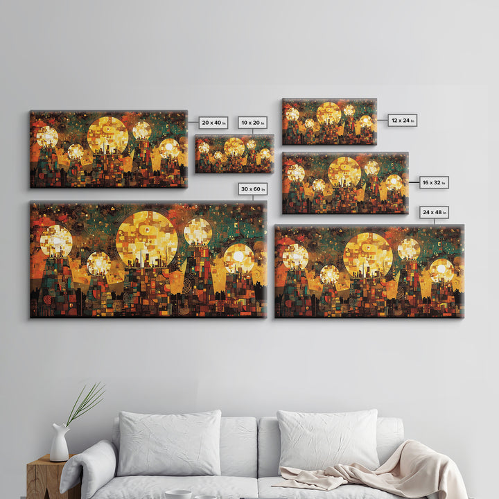 Golden Sun Mosaic City Wall Art, Abstract African Art Decor, Teal And Orange Canvas Print, Cultural Wall Art, Vibrant Decor