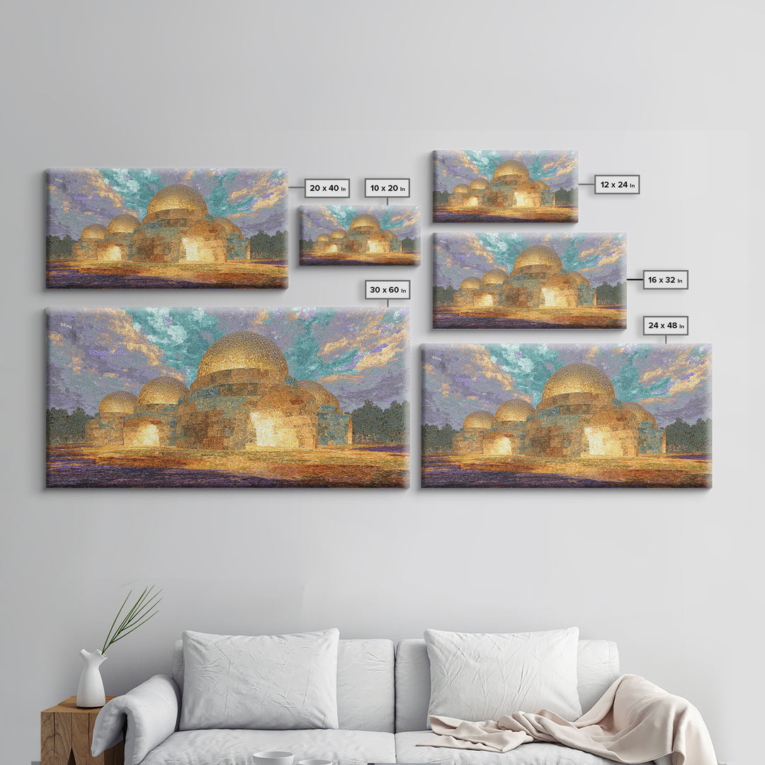 Glowing Golden Dome Palace Canvas Print, Dreamy Wall Art, African Inspired Architecture, Teal And Gold Decor, Elegant Home Art