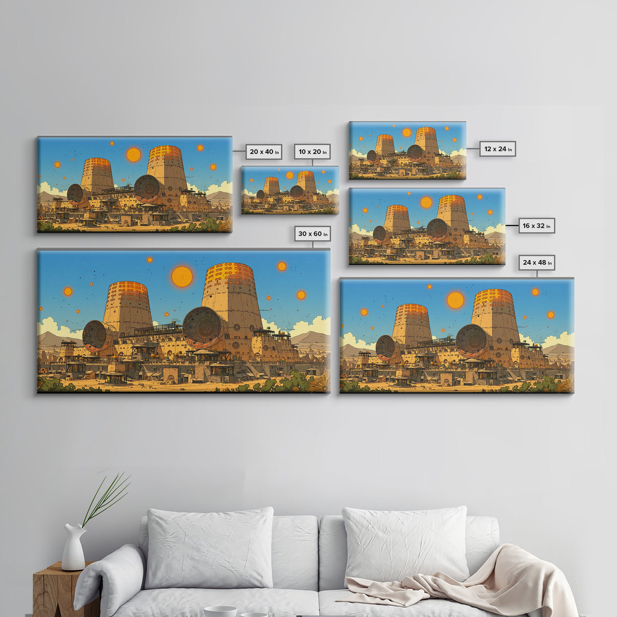 Desert Towers And Orange Suns Wall Art, Sci Fi African Inspired Settlement, Canvas Print, Modern Wall Decor, Unique Home Decor