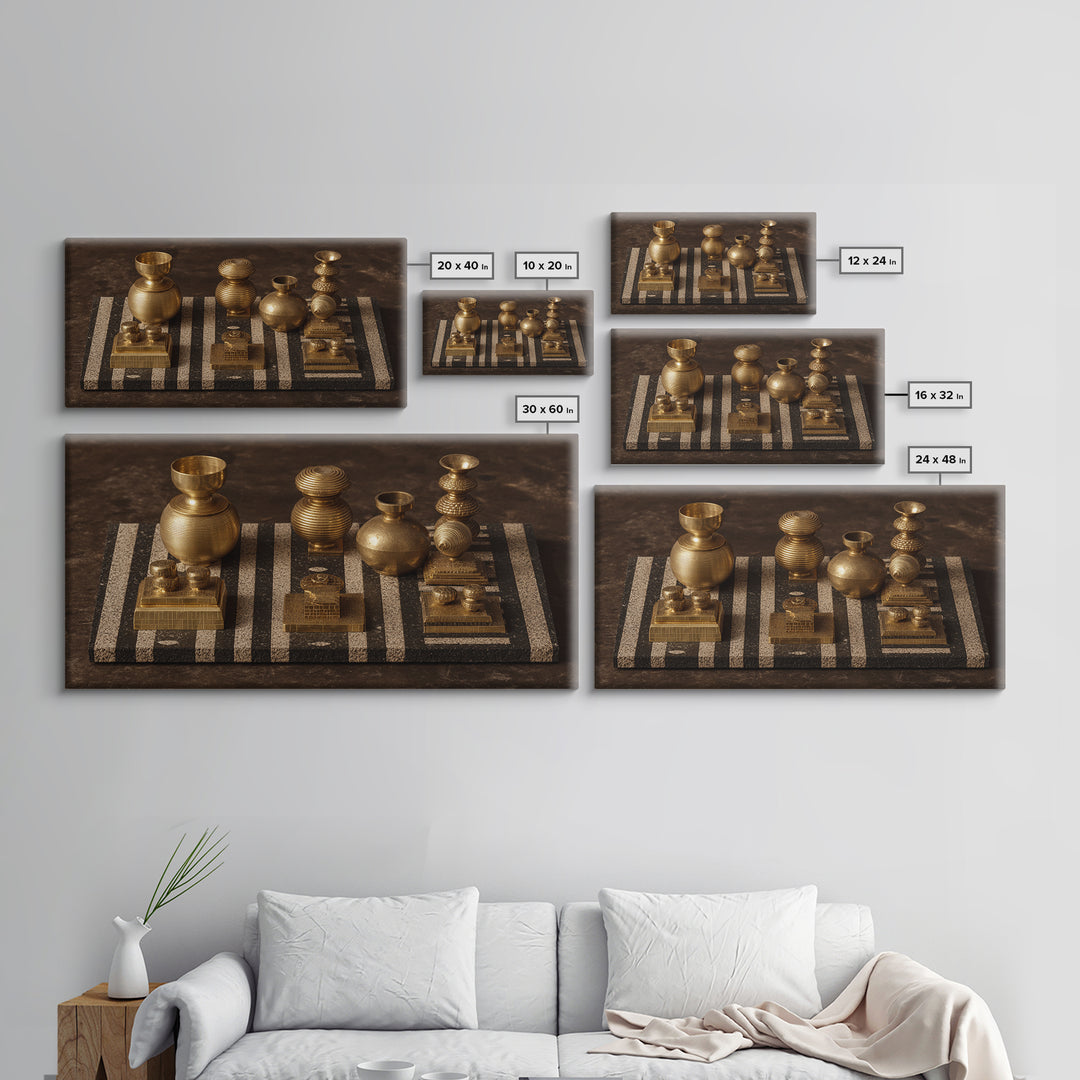 Golden Vessels On Striped Textile Wall Art, African Home Decor Canvas Print, Tribal Gold Still Life, Elegant Office Decor