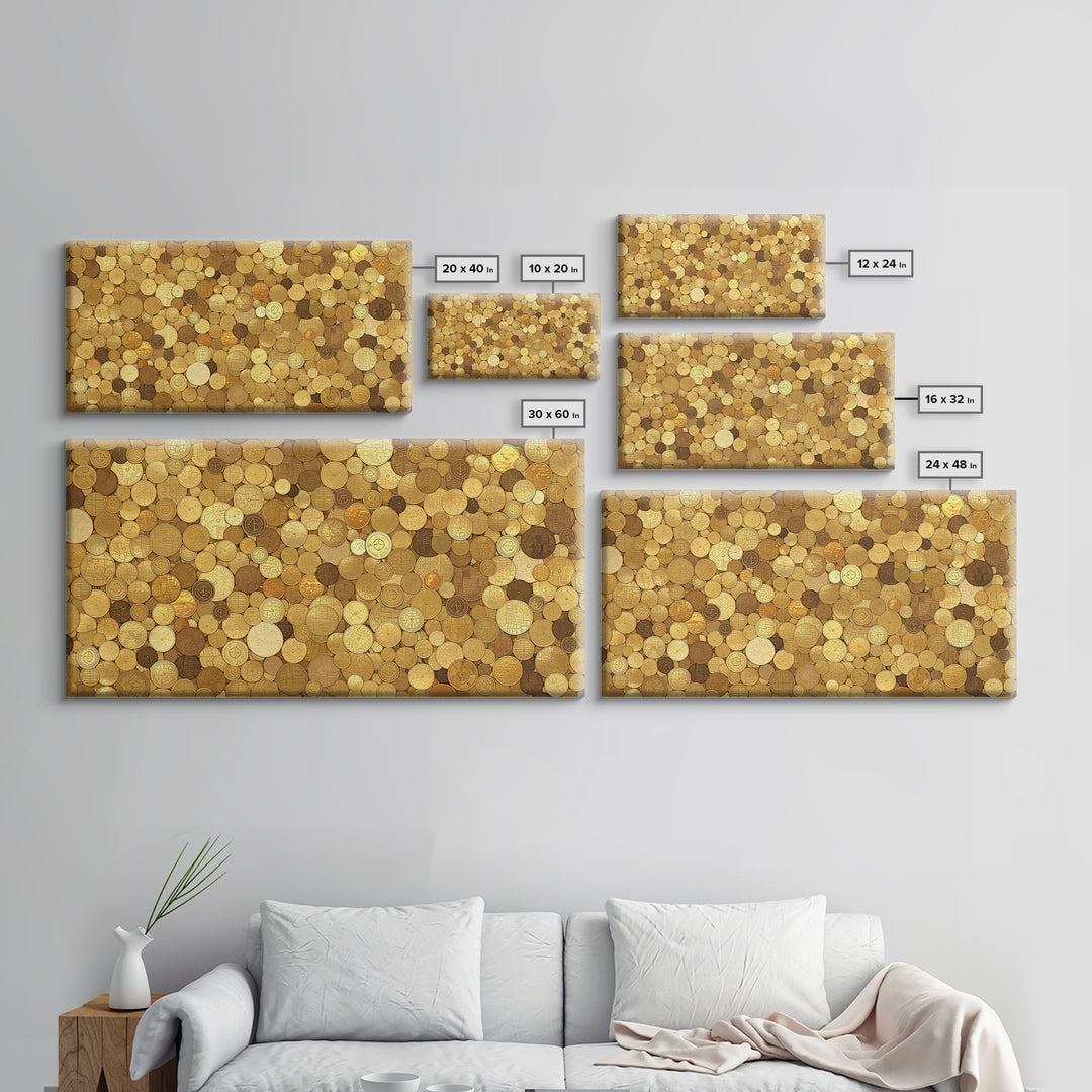 Golden Coin Disc Mosaic Wall Art, African Inspired Canvas Print, Textured Art Print, Gold Circle Pattern Home Decor Gift