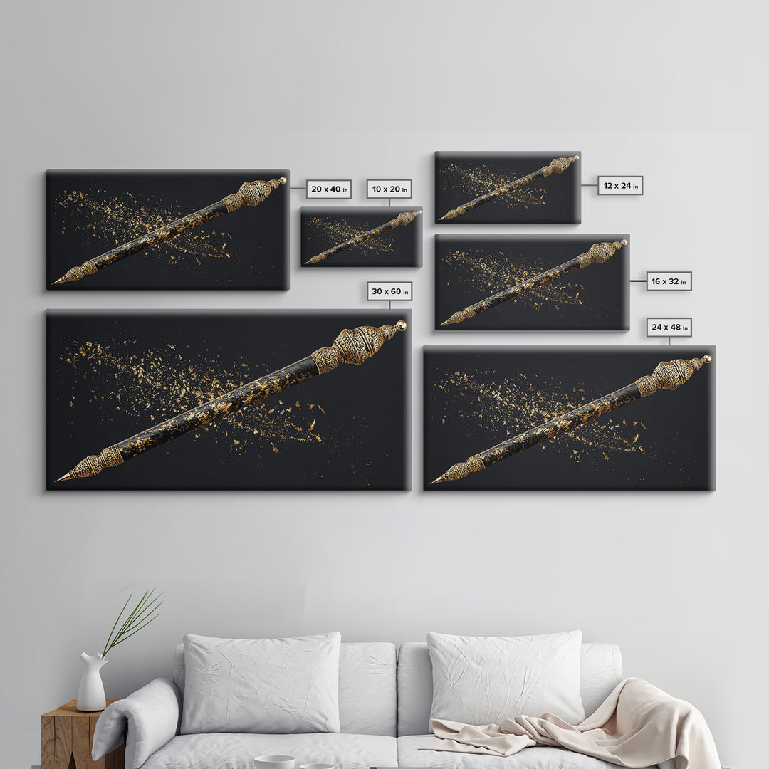 Ornate Black Gold Ceremonial Spear Canvas Print, African Warrior Art, Tribal Wall Decor, Afrocentric Luxury Home Decor Gift