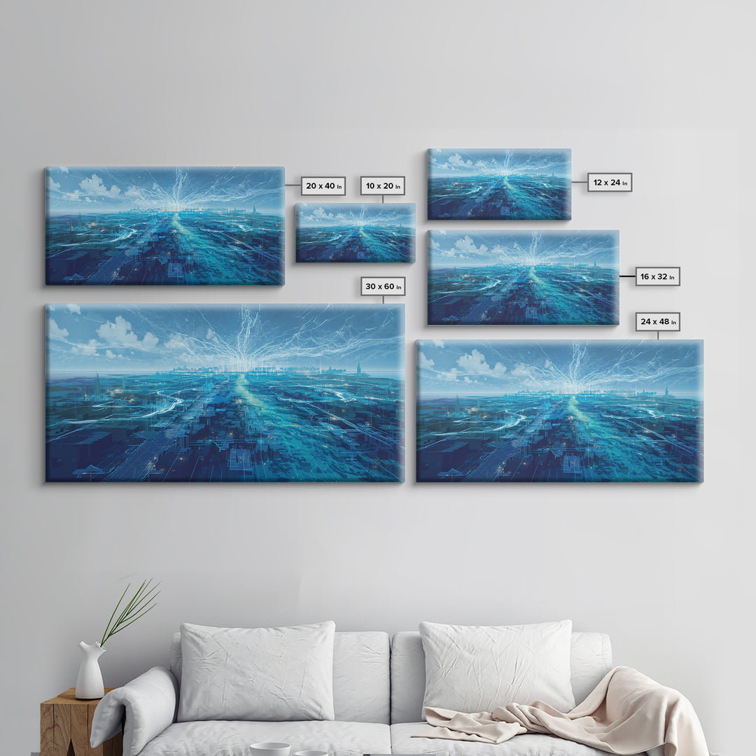 Blue Futuristic Digital Cityscape Wall Art, Afrofuturism Decor, Modern African Inspired Office Art, Luminous Skyline Print