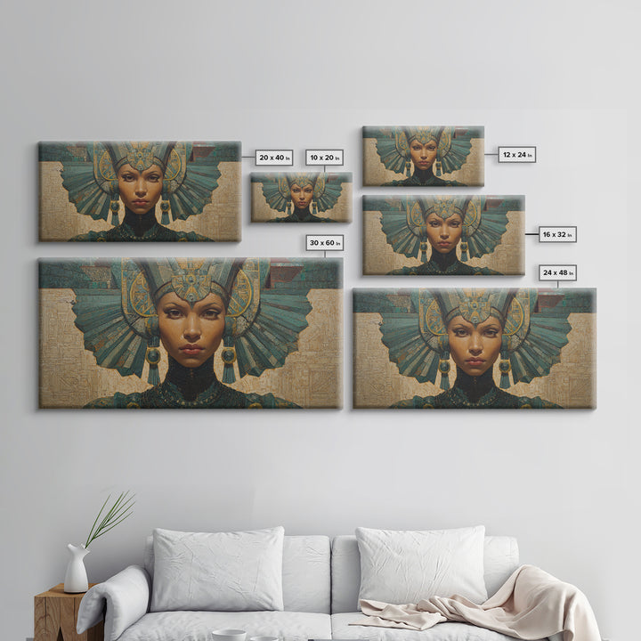 Regal Egyptian Queen Headdress Canvas Print, African Portrait Wall Art, Teal Gold Cultural Decor, Goddess Home Decor Gift