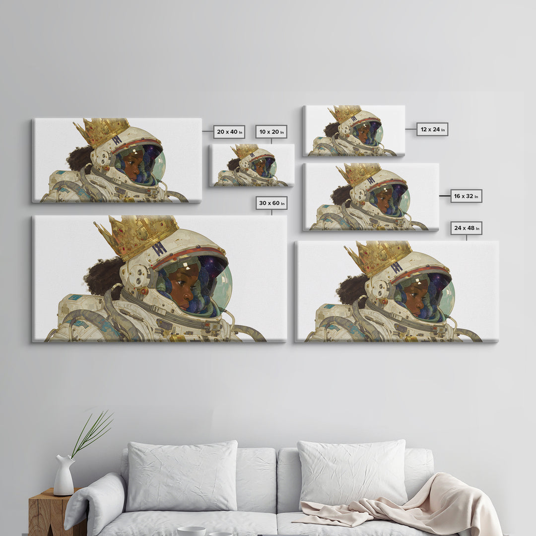 Crowned Black Girl Astronaut Framed Canvas Print, Afrofuturism Wall Art, Black Queen Portrait, Space Galaxy Home Decor Gift