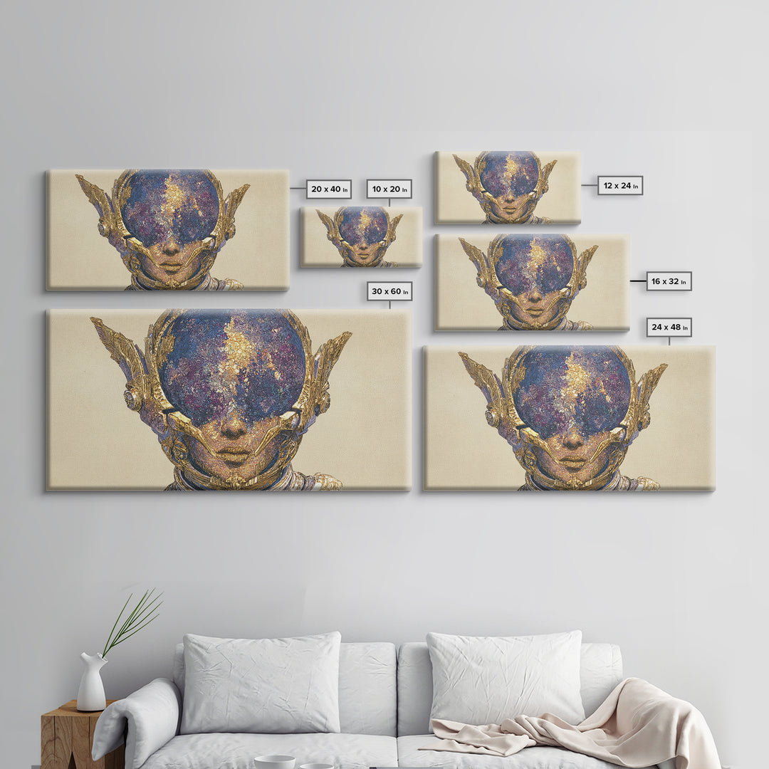 Cosmic Gold Goddess Face Wall Art, African Abstract Portrait, Mystical Afrocentric Decor, Fantasy Figure Luxury Canvas Print