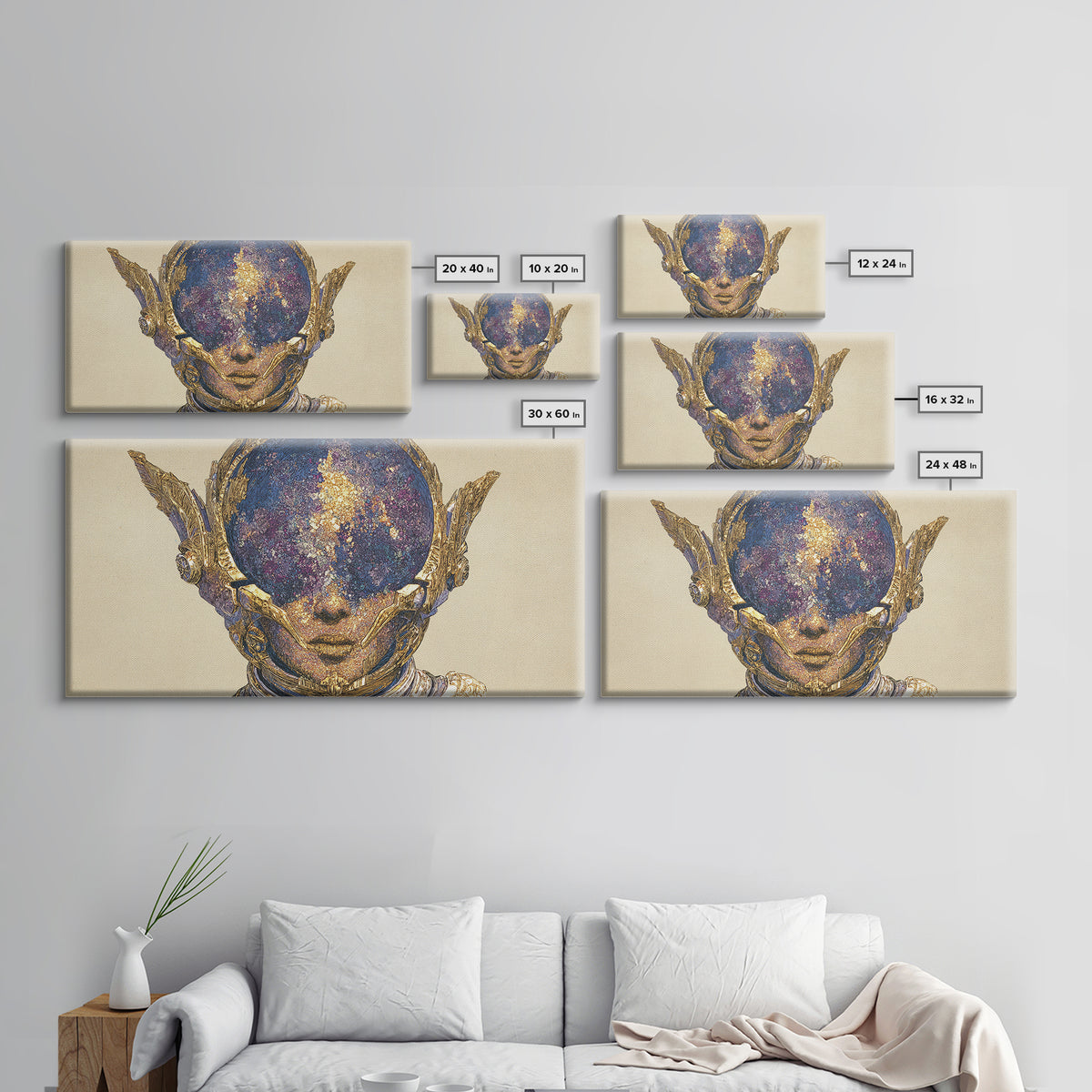 Cosmic Gold Goddess Face Wall Art, African Abstract Portrait, Mystical Afrocentric Decor, Fantasy Figure Luxury Canvas Print