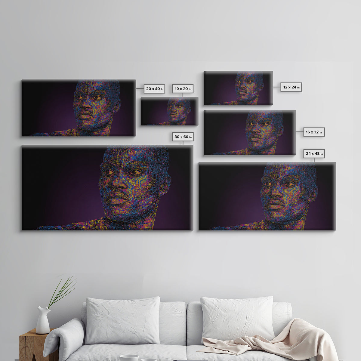 Neon Pointillist Black Man Portrait Canvas Print, African American Wall Art, Digital Afro Art, Modern Masculine Home Decor