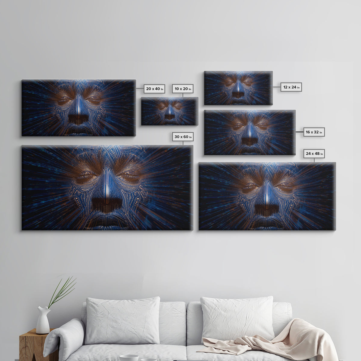 Blue Orange Digital Tribal Face Wall Art, African Mask Art, Afrofuturism Decor, Abstract Black Art, Statement Canvas Print