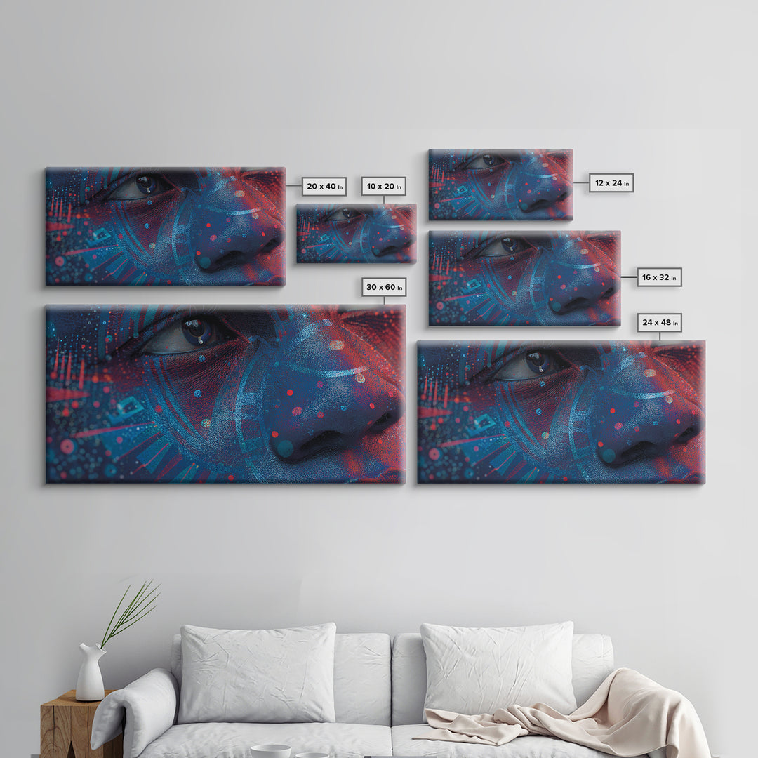 Blue Red Afro Futurist Face Close Up Wall Art, African Portrait, Black Beauty Art, Tribal Art Decor, Modern Canvas Print